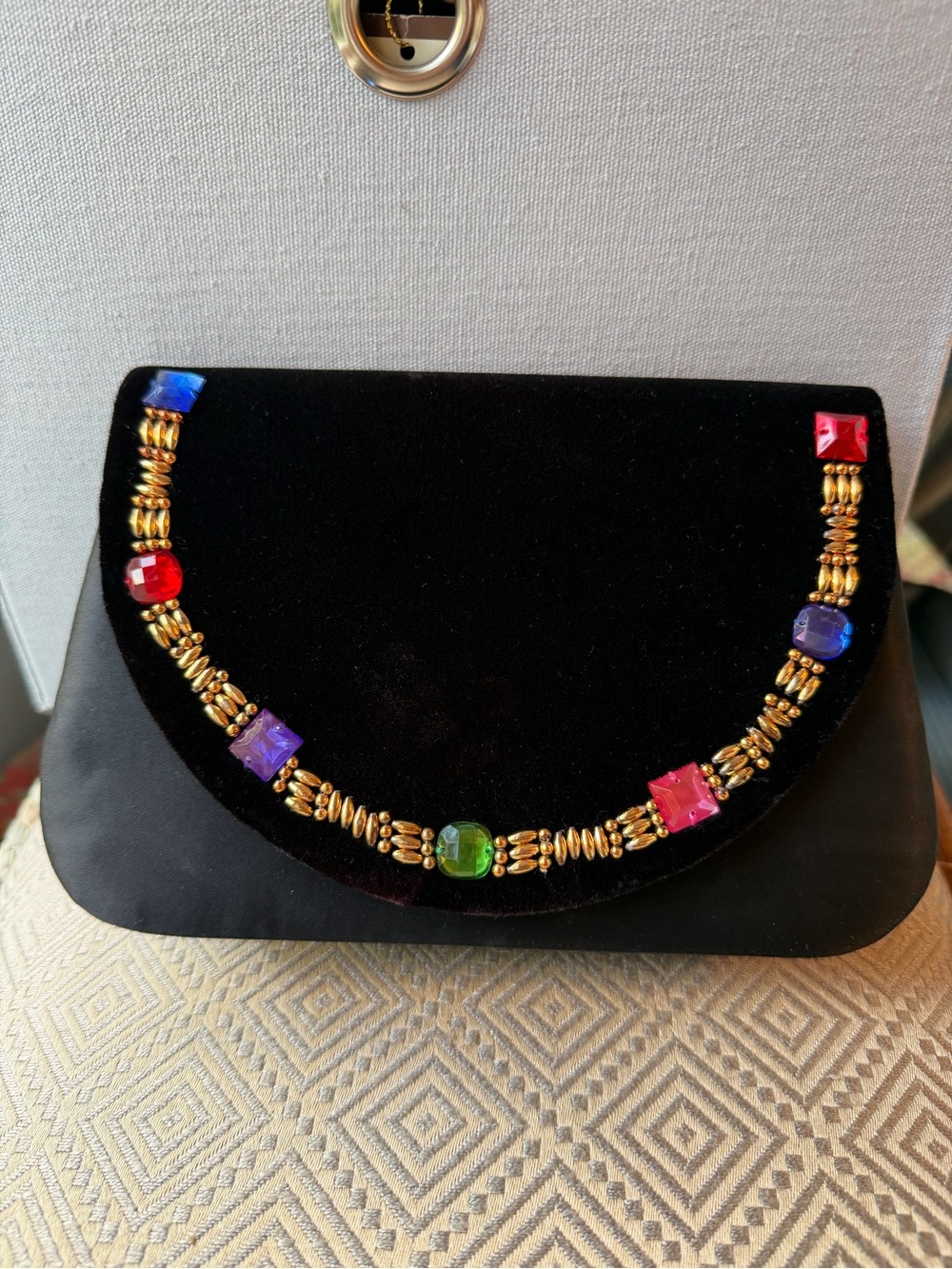 Black Velvet With Multicolor Jewel-Embellished Women's Clutch or Shoulder Purse